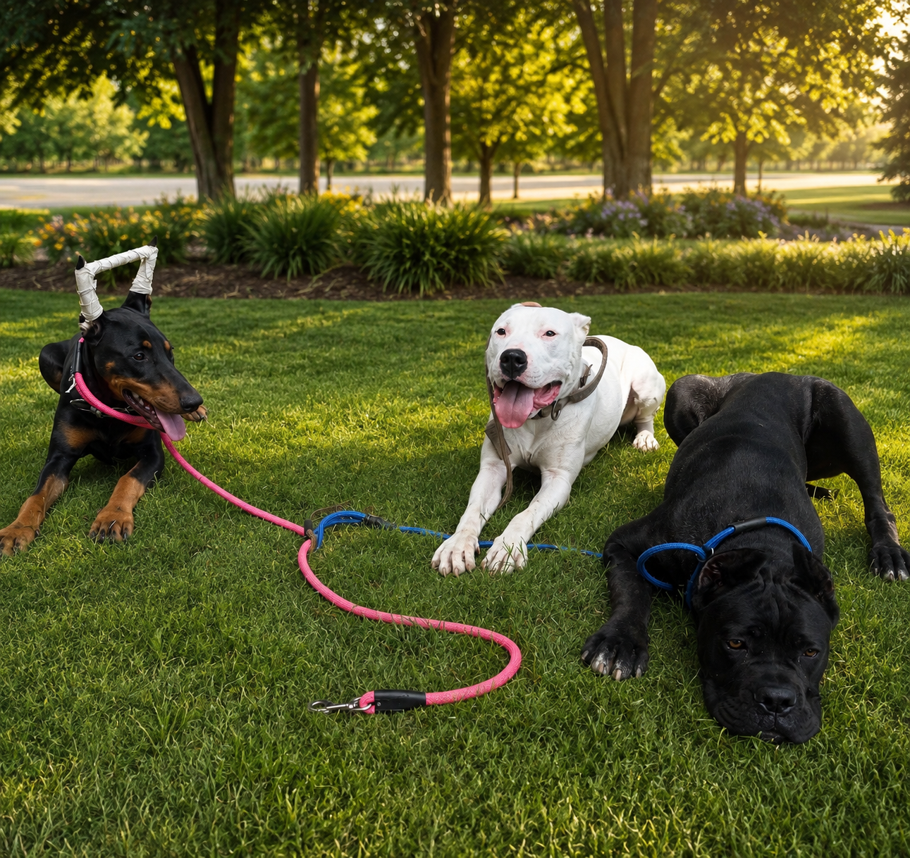 Three trained dogs calmly holding place together in a park